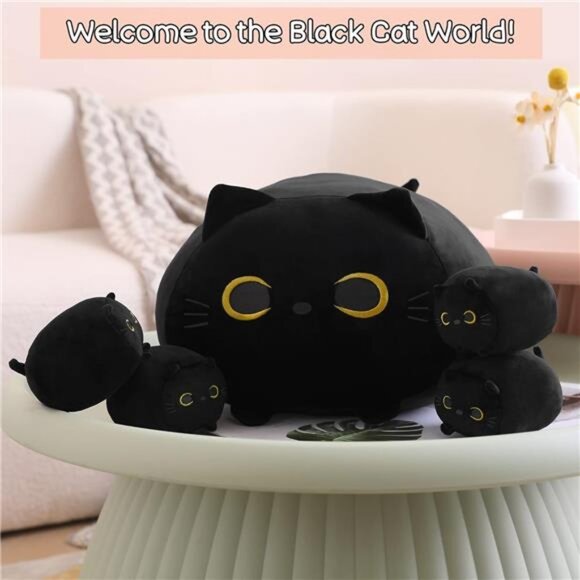 Black Cat Plush, Black Cat Stuffed Animals Plushie with 4 Cute Babies Cat Plush - Picture 2 of 7